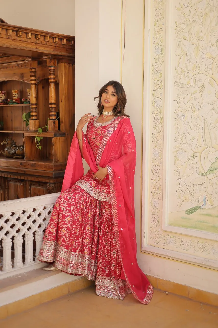 Viscose Jacquard Sequined Magenta Kurti with Embroidered Sharara & Russian Silk Dupatta