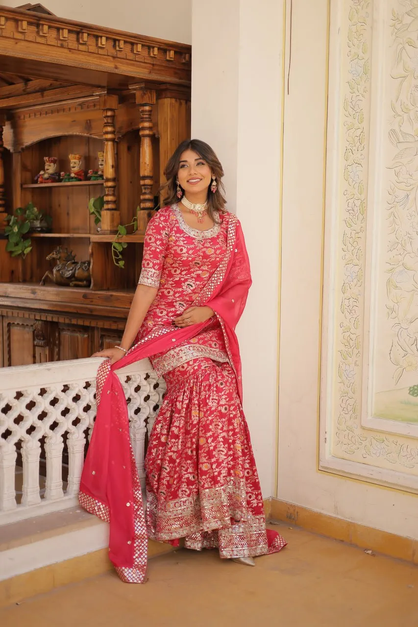 Viscose Jacquard Sequined Magenta Kurti with Embroidered Sharara & Russian Silk Dupatta