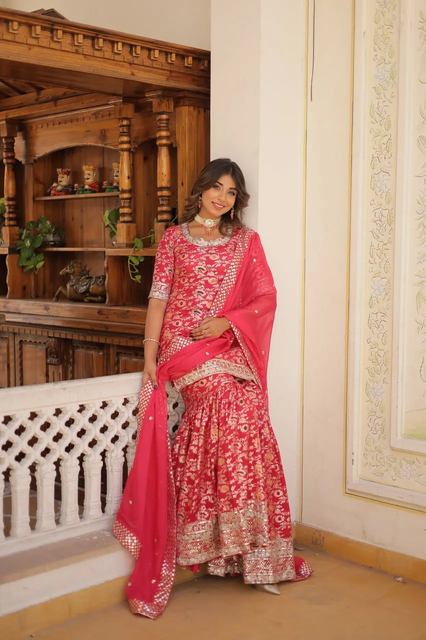 Viscose Jacquard Sequined Magenta Kurti with Embroidered Sharara & Russian Silk Dupatta