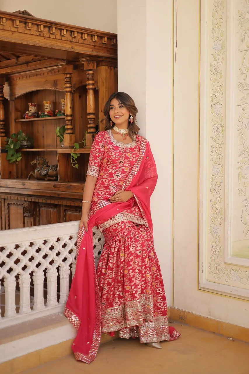 Viscose Jacquard Sequined Magenta Kurti with Embroidered Sharara & Russian Silk Dupatta