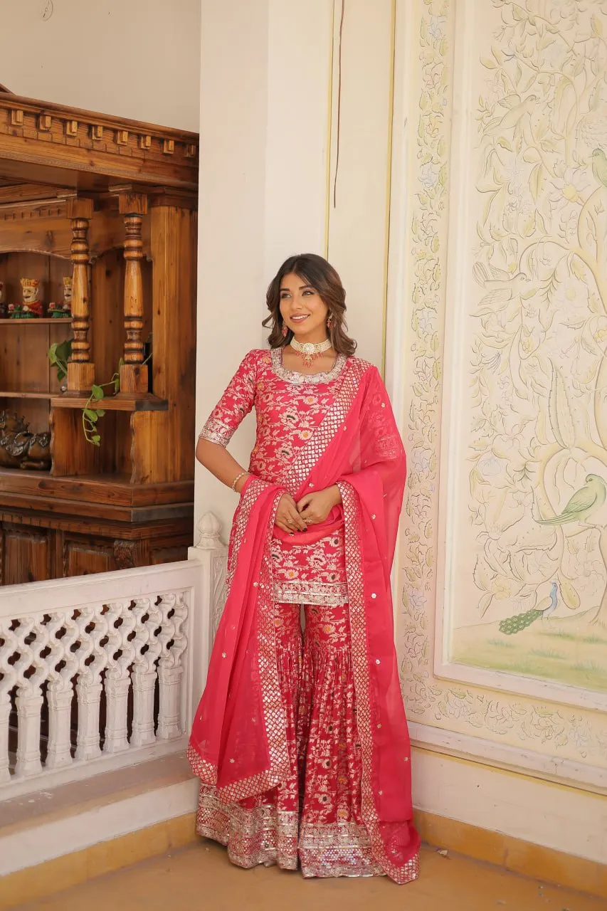 Viscose Jacquard Sequined Magenta Kurti with Embroidered Sharara & Russian Silk Dupatta