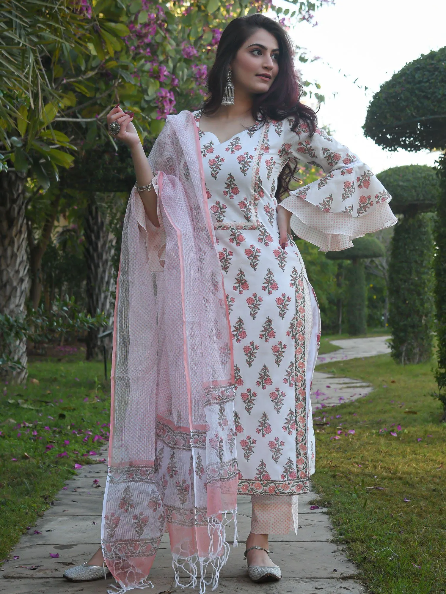 White Elegant Block Printed Kurta Pant Dupatta Set in Magic Cotton and Kota Silk