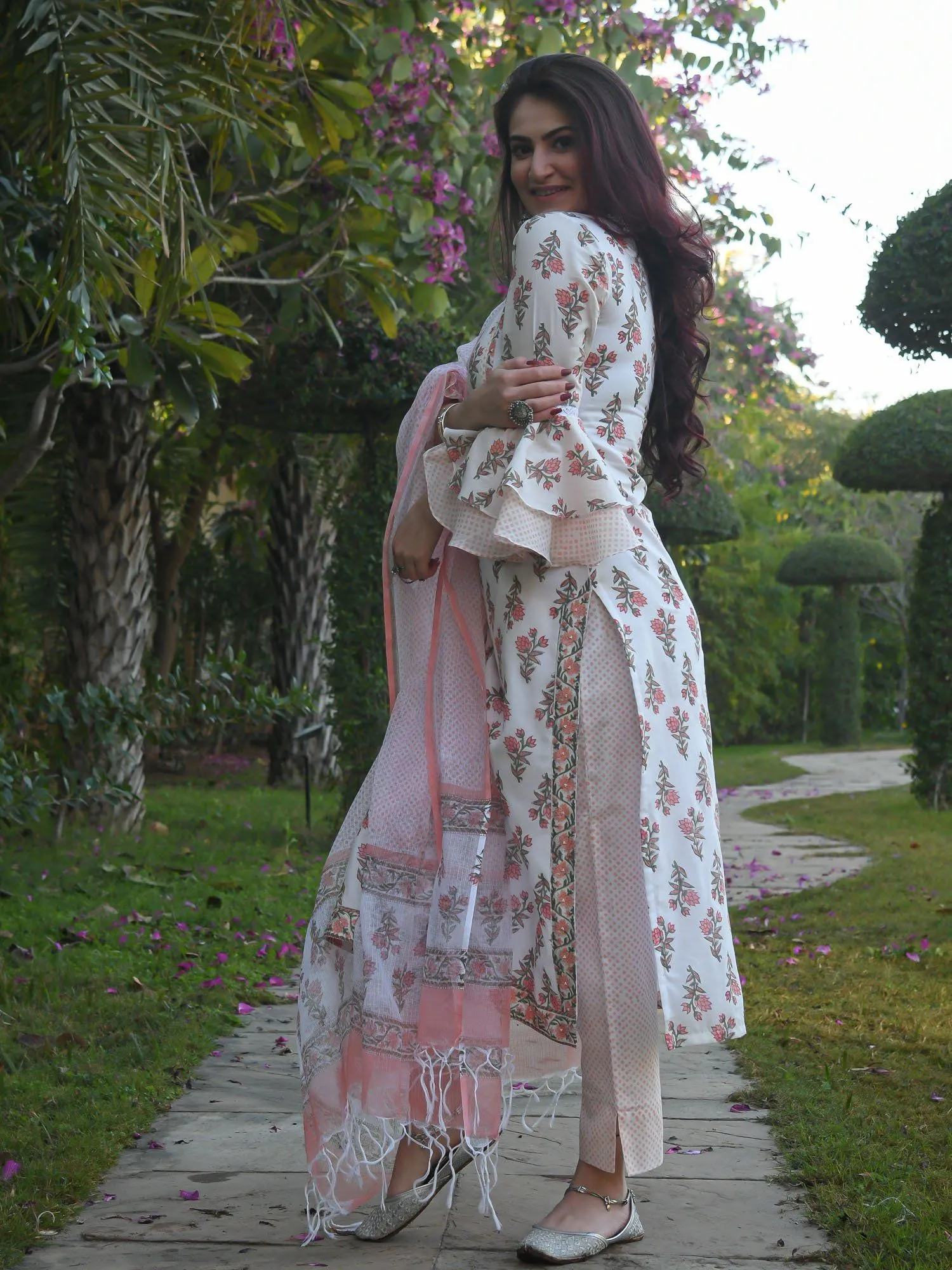 White Elegant Block Printed Kurta Pant Dupatta Set in Magic Cotton and Kota Silk