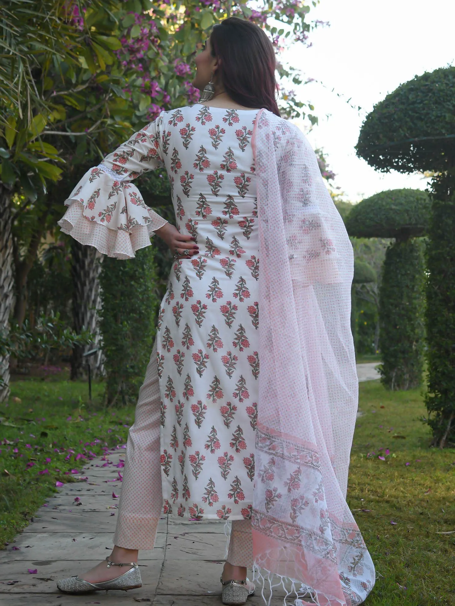 White Elegant Block Printed Kurta Pant Dupatta Set in Magic Cotton and Kota Silk