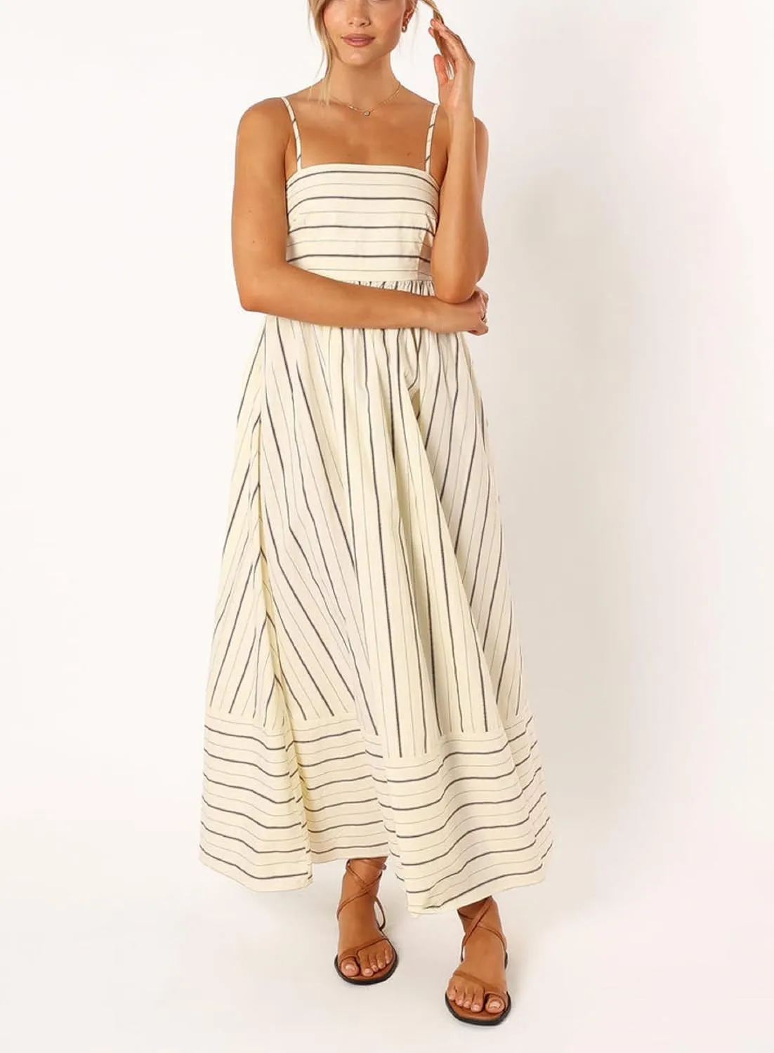 Women Striped Maxi Dress Smocked Backless Spaghetti Strap Long Flowy Dress Sleeveless Boho Aline Sundress