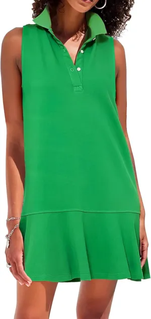 Women's Sleeveless Polo Dress Ruffle Hem Lapel V Neck Summer Shirt Mini Dresses