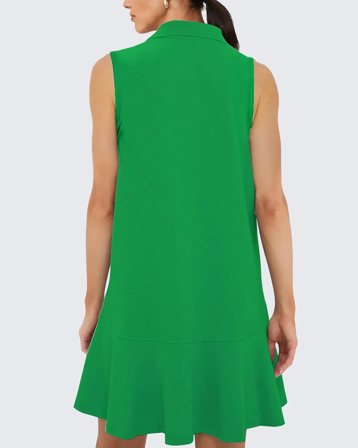 Women's Sleeveless Polo Dress Ruffle Hem Lapel V Neck Summer Shirt Mini Dresses