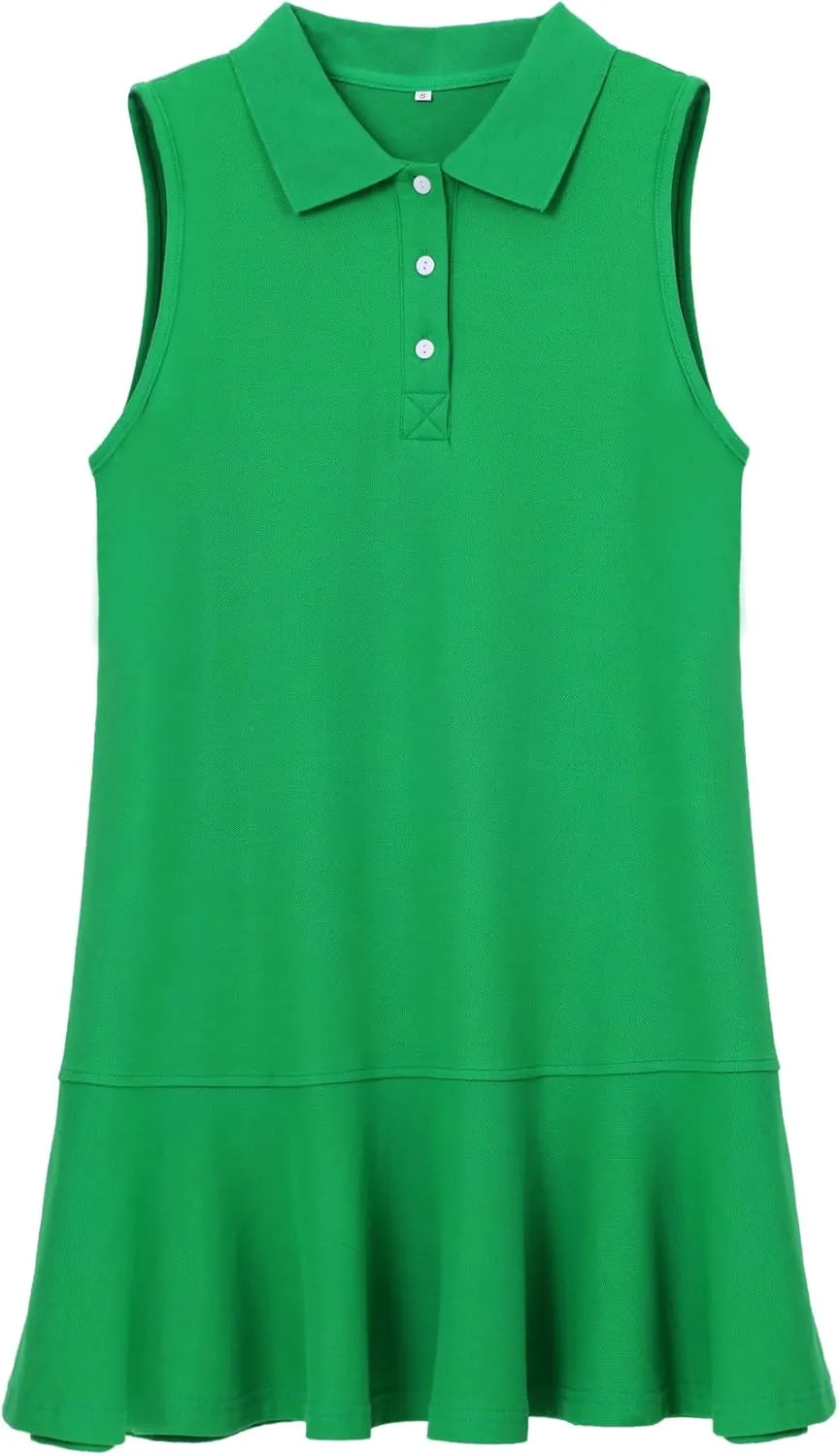 Women's Sleeveless Polo Dress Ruffle Hem Lapel V Neck Summer Shirt Mini Dresses