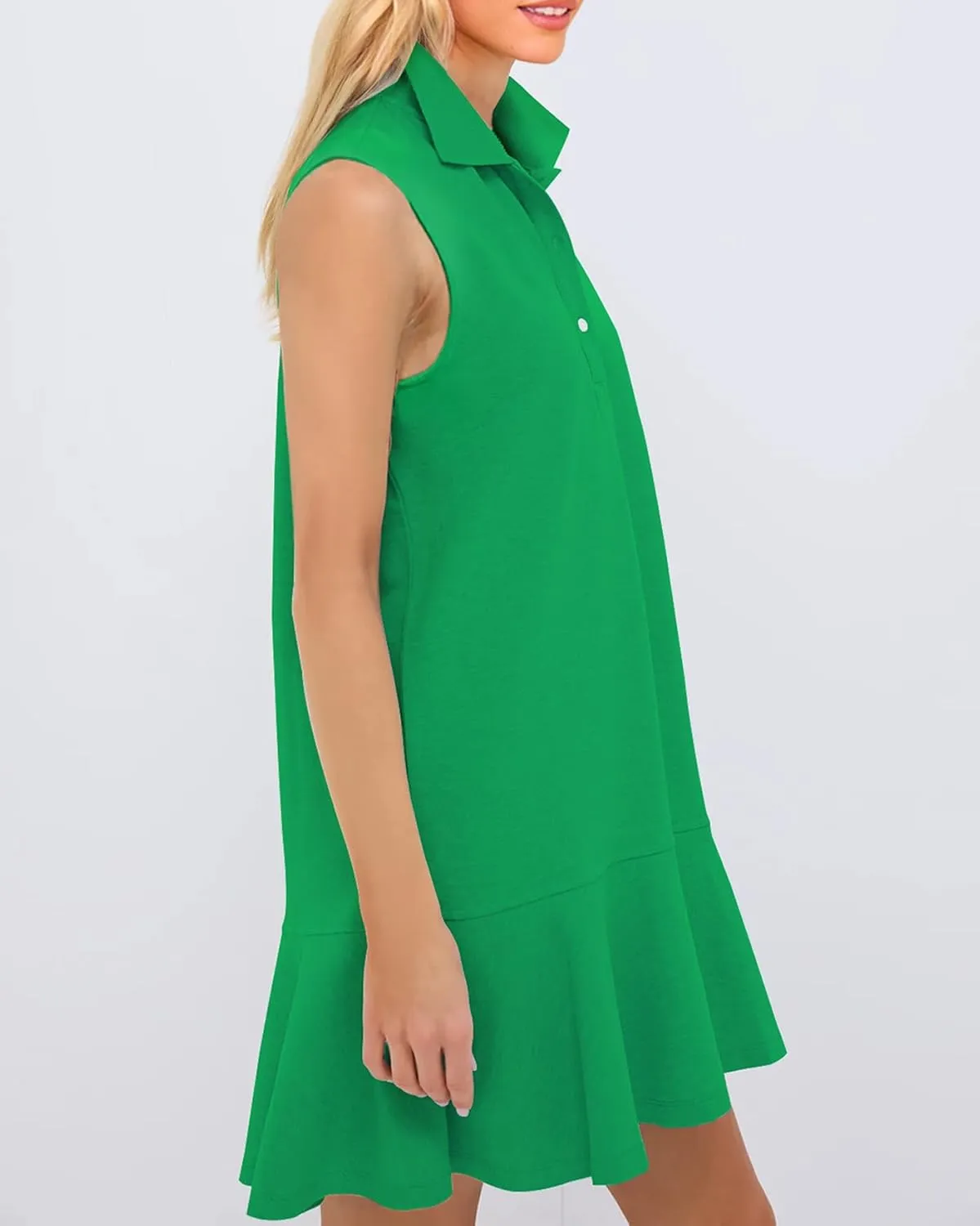 Women's Sleeveless Polo Dress Ruffle Hem Lapel V Neck Summer Shirt Mini Dresses