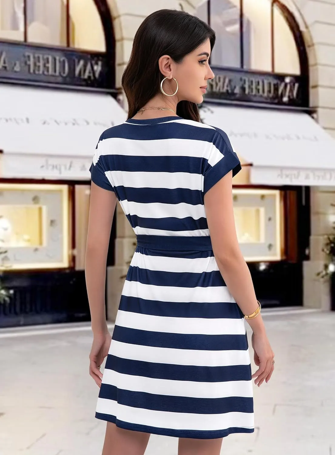 Women's Summer Dresses 2025 Striped Cap Sleeve T Shirt Crewneck Casual Dress A Line Tie Waist with Pockets
