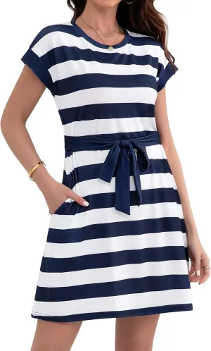 Women's Summer Dresses 2025 Striped Cap Sleeve T Shirt Crewneck Casual Dress A Line Tie Waist with Pockets