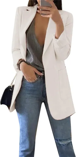 YMING Womens Solid Color Open Front Blazer Long Sleeve Office Jacket Work Cardigan with Pockets Plus Size